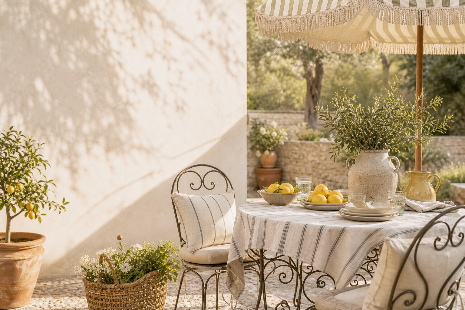 Vintage summer outdoor table with linens, lemons, and garden ceramics