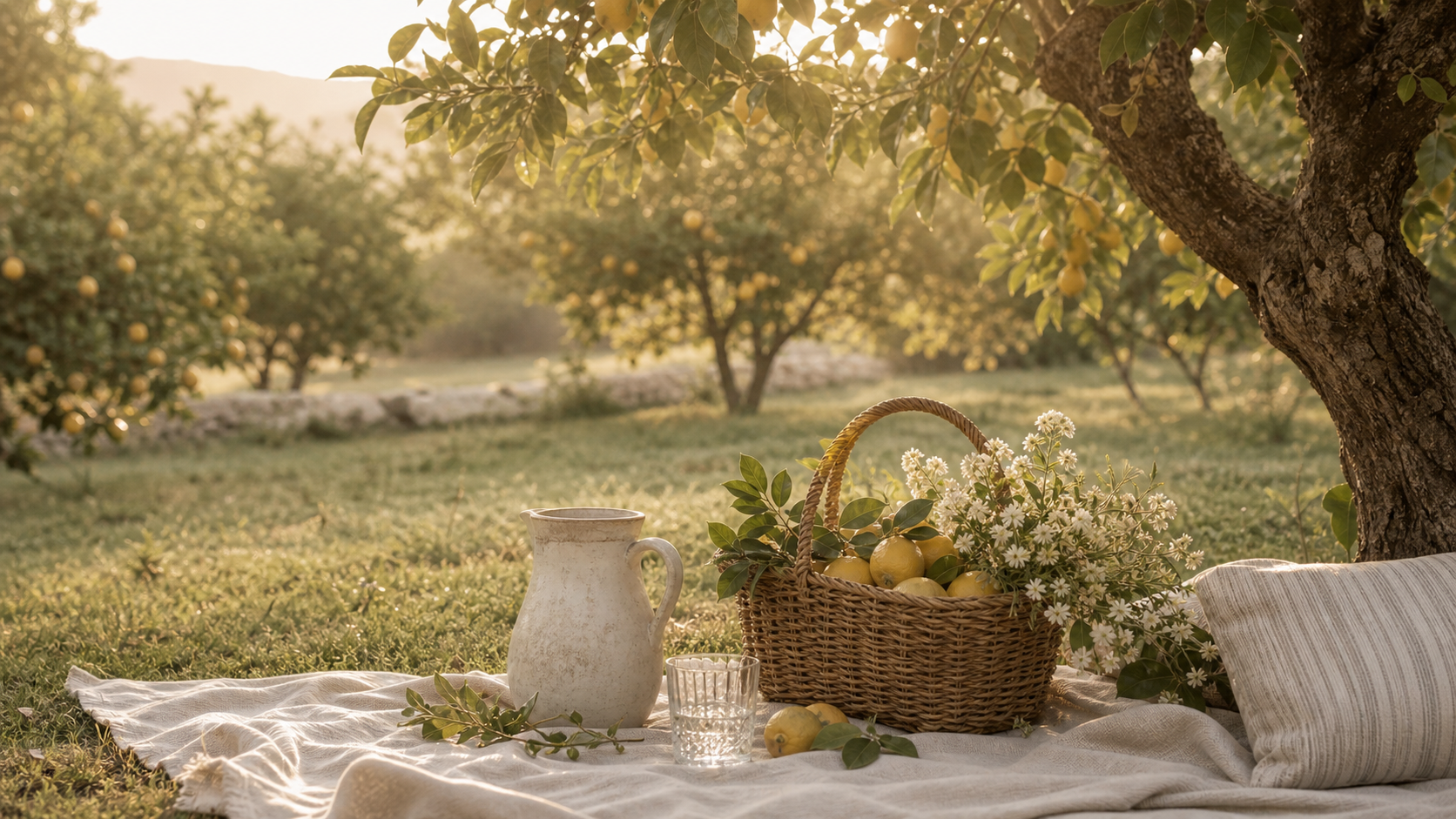Soft citrus orchard picnic with basket, linens, and ceramics